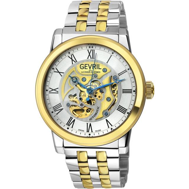 Gevril Mens Vanderbilt Two Toned SS IPYG Case,..Silver/Black Dial, Two SS 316L Stainless Steel Bracelet. - One Size