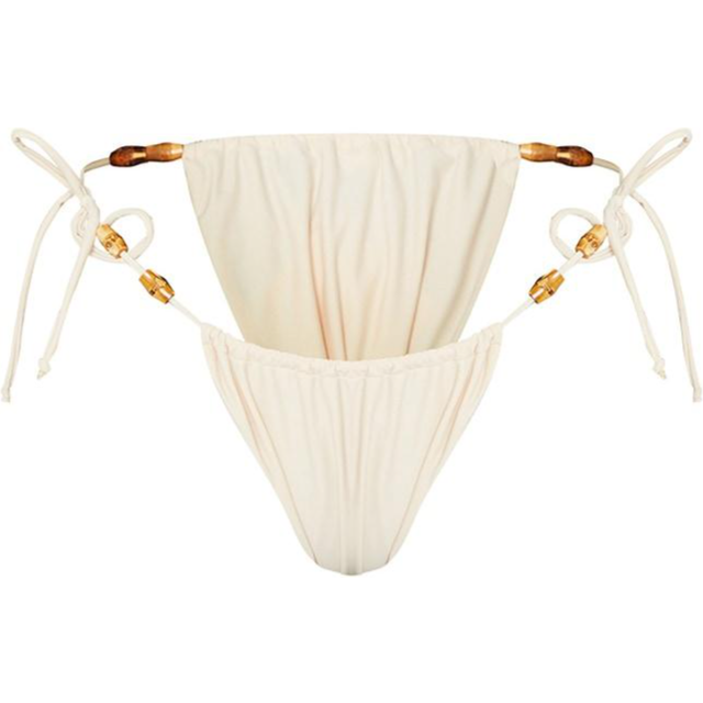 Sand Wooden Bead Ruched Tanga Tie Side Bikini Bottoms, Sand - 16