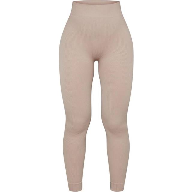 Stone Structured Contour Rib Cuffed Detail Leggings, White - XS