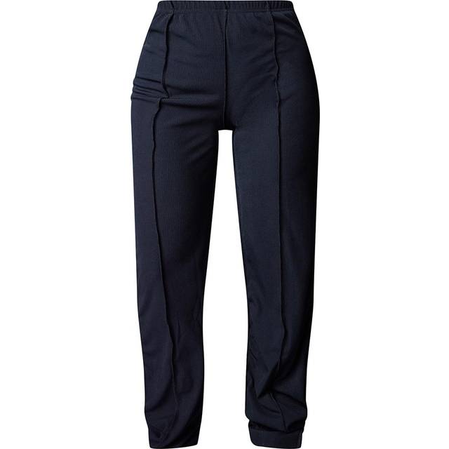 Petite Black Ribbed Seam Detail High Waisted Wide Leg Trousers, Black - 14
