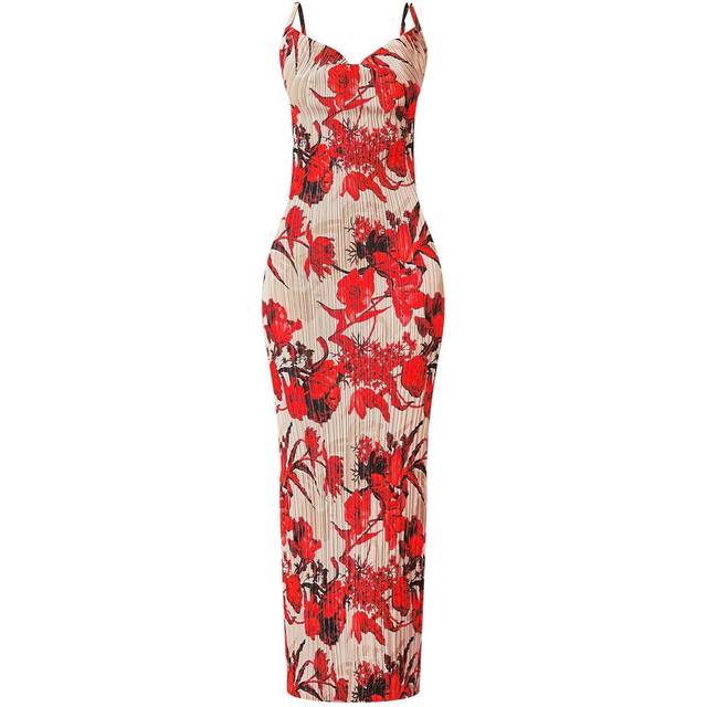Nude Floral Print Plisse Strappy Maxi Dress, Pink - 4