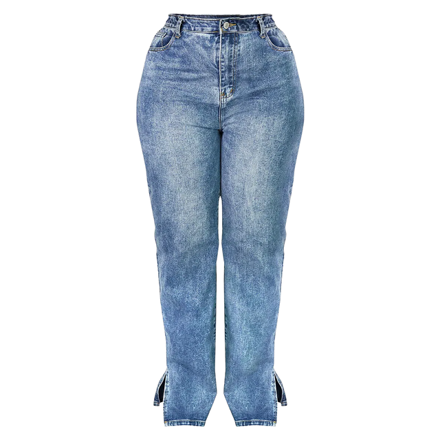 Plus Mid Wash Split Hem Jeans, Mid Blue Wash - 26