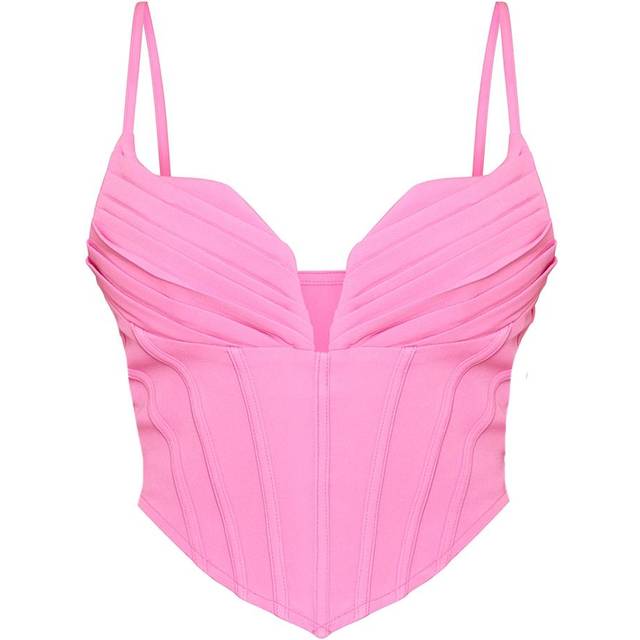Pink Strappy Pleated Bust Corset Detail Crop Top, Pink - 4