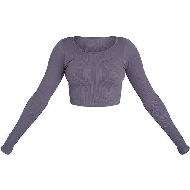 Charcoal Structured Contour Ribbed Round Neck Long Sleeve Crop Top, Charcoal Grey