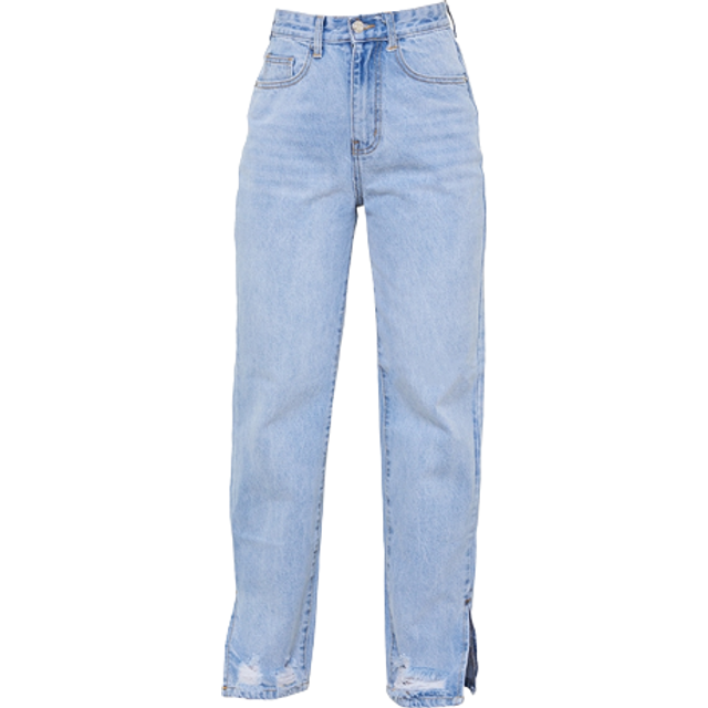 Petite Light Blue Wash Ripped Split Hem Straight Leg Jeans, Blue - 12