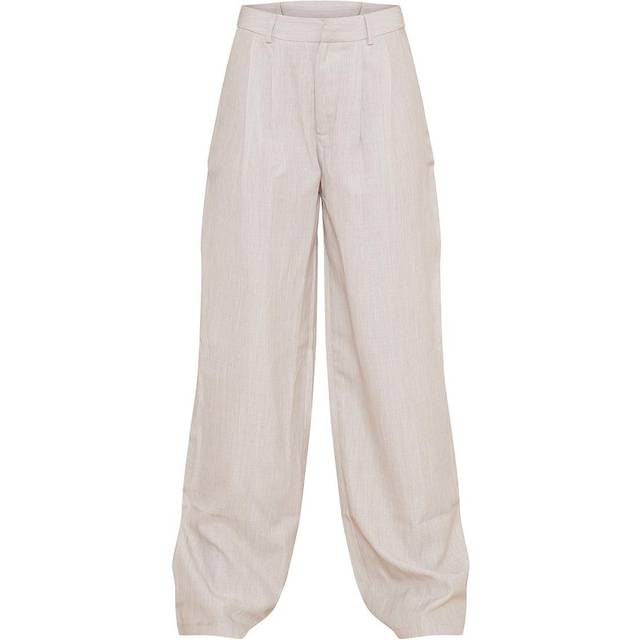 Stone Woven Linen Feel Tailored High Waist Wide Leg Trousers, White - 8