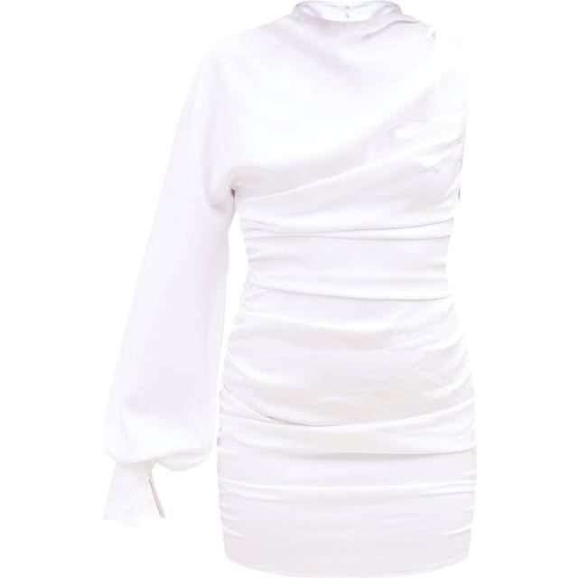 White One Sleeve Ruched Woven Bodycon Dress, White - 16