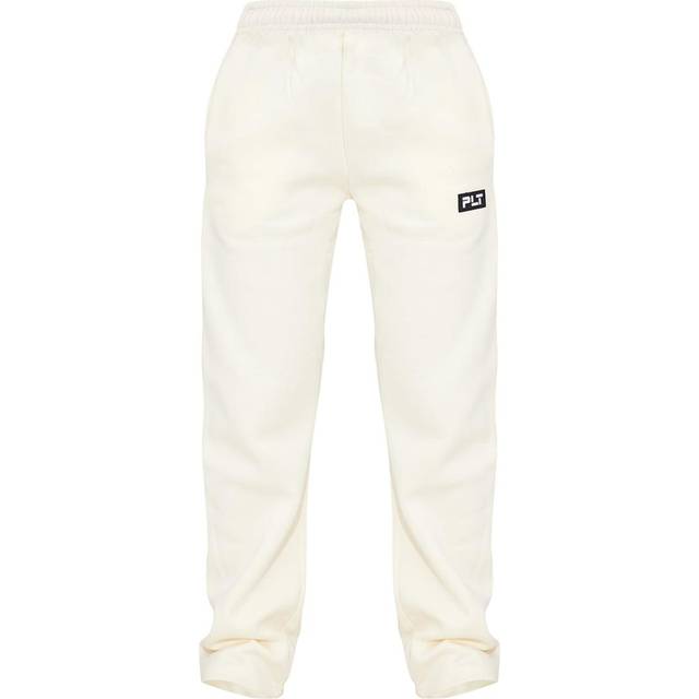 PRETTYLITTLETHING Cream Logo Badge Detail Straight Leg Joggers, White - XL