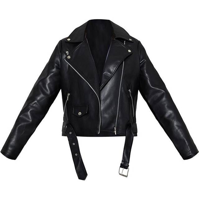 Black Faux Leather Regular Fit Belted Biker Jacket, Black - 16