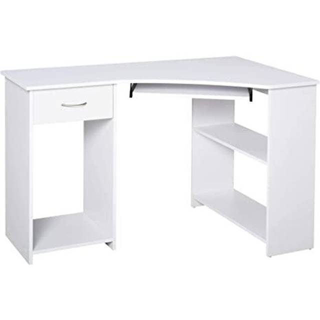 HOMCOM L Shaped Corner Computer Desk With 2 Shelves Wide Worktop Keyboard Tray White, White