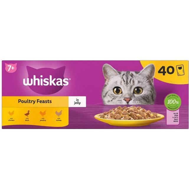Whiskas 7+ Poultry Feasts Senior Wet Cat Food Pouches in Jelly 40 x 85g