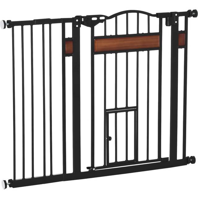 PawHut Dog Gate Pet Safety Gate W/ Cat Door Auto Close Pine Decor 74-105 cm Wide | TJ Hughes