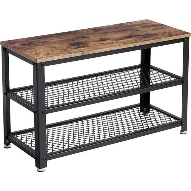 VASAGLE Skobänk, skohållare med 2 hyllor, skoorganisator, 73 x 30 x 45 cm, entré vardagsrumshall, stålkonstruktion, industriell stil, Vintage Brunsvart LBS73X