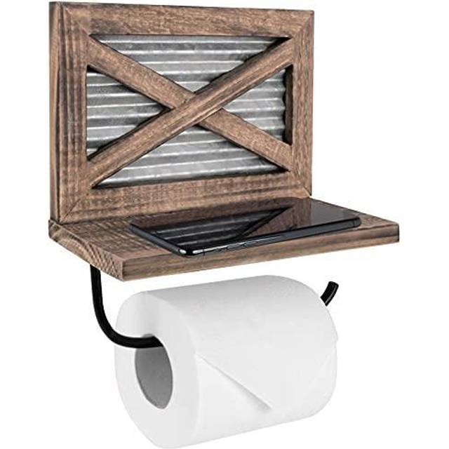 Autumn Alley Farmhouse Toilet Paper Holder with Shelf - Rustic Unique Accessories and Western Bathroom Decor Wall Mounted, Brown Wood