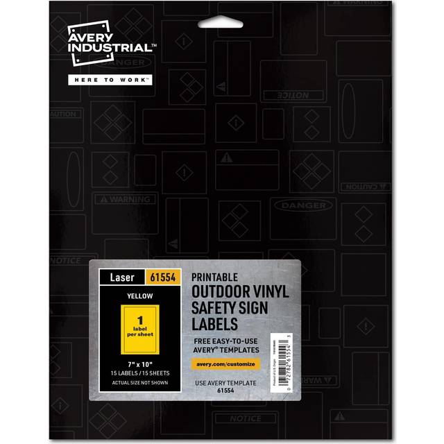 "Avery Industrial Outdoor Vinyl Sign Labels  7"""""""" x 10""""""""  Permanent  Laser Printable  Safety Yellow  15 Blank Signs (61554)"