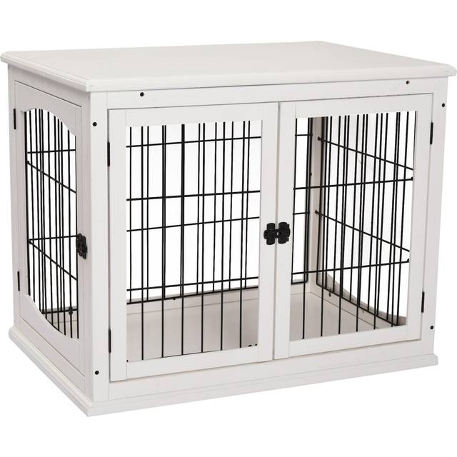 Pawhut Hundkoja med bordsyta, hundbur för inomhusbruk, hundbur för hemmet, 2 dörrar, djurbur, husdjur, MDF, metall, vit, 81 x 58,5 x 66 cm