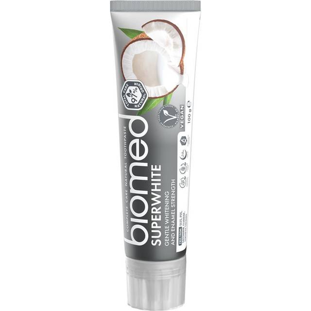 BIOMED - Supervit tandkräm 100 g, naturlig mild blekning, lugnar känslighet och tandkött, återställer emalj, fri från fluor, SLS, PEG, sackarin och gluten, vegan, halal, kokossmak