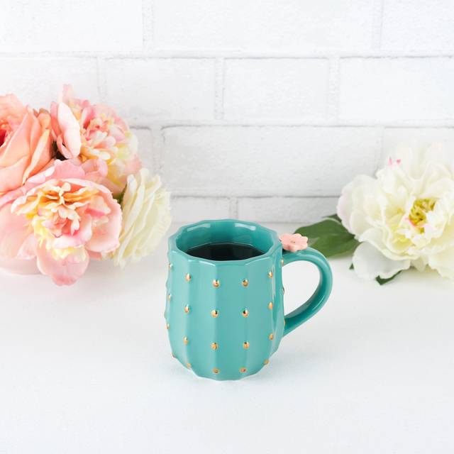 Pinky Up Cactus Mug, 3D Green Ceramic, Gold Details, Holds 10 Ounces, Coffee & Tea Accessories, Cute Succulent Coffee Mug