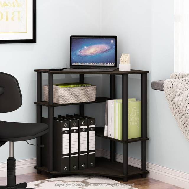 Turn-N-Tube Space Saving Corner Desk with Shelves, Espresso/Black, 79 (W) x 72.4 (H) x 57.2 (D) cm