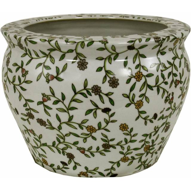 Ceramic Planter, Vintage Green & White Floral Design