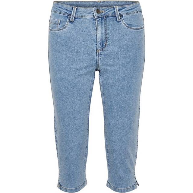 KAFFE Women's Jeans Capri Below Knälängd Slim Fit Midrise Waist 5 fickor, Ljusblå tvättad denim, 44