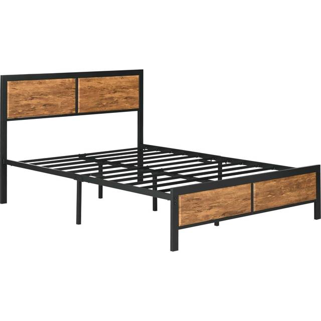 HOMCOM Double Size Bed Frame Steel Bed Base with Headboard 147 x 197cm Brown | TJ Hughes