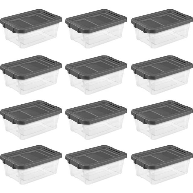 Sterilite 16 Quart Plastic Stacker Box  Latching Lid Storage Bin Container for Home & Garage Organizing  Shoes  Tools  12-Pack  Clear Base & Gray Lid
