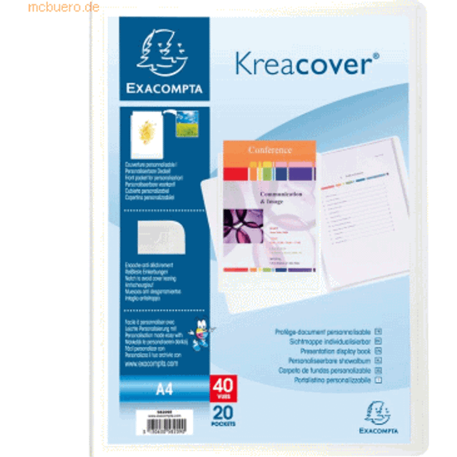 Exacompta - Ref. 58209E - 1 Kreacover Chromaline anpassad dokumentmapp - 20 släta kristallklara fickor - 40 vyer - för A4 - storlek 24 x 32cm - hårt polyproomslag - färg vit