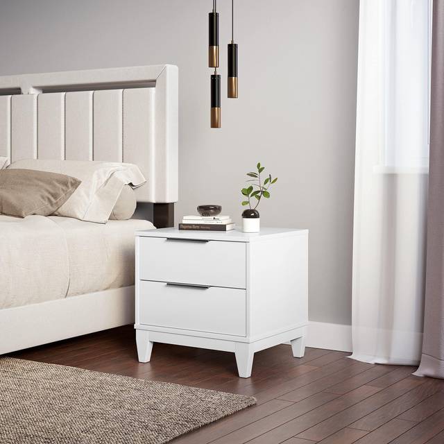 Boyd Sleep Bedroom Nightstand Bedside Table: Mackay Two Drawer Storage with Leg Base, White