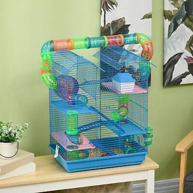 Pawhut 5 Tier Hamster Cage Carrier Habitat With Exercise Wheels Tunnel Tube Water Bottle Dishes House Ladder For Dwarf Mice, Blue