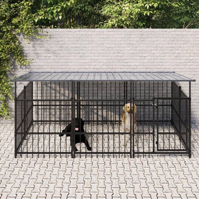 vidaXL Outdoor Dog Kennel with Roof Steel 5.63 m² - Black