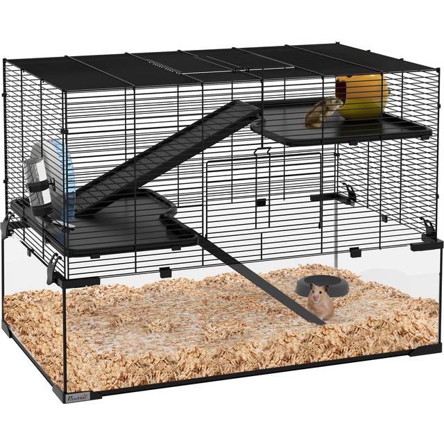 PawHut 3 Tiers Hamster Cage w/ Deep Glass Bottom - Dish - Hut - 78.5 x 48.5 x 57cm | TJ Hughes