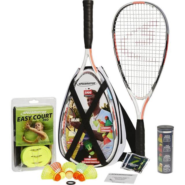Speedminton® S900 set – original hastighet badminton/crossminton professionellt set med 2 kolracketar inkl. 5 Speeder®, Spelfält, Väska