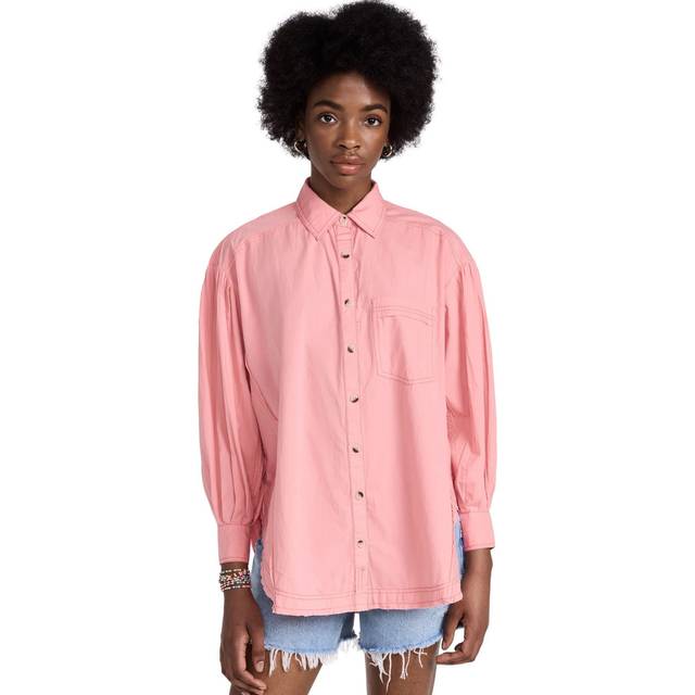 Free people happy hour solid shirt poplin top pink strawberry cream small s uk 8