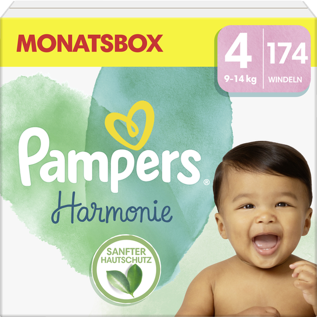 Pampers babyblöjor storlek 4 (9–14 kg) harmoni, MånadsBOX, skonsamt hudskydd och växtbaserade ingredienser, 174 stycken