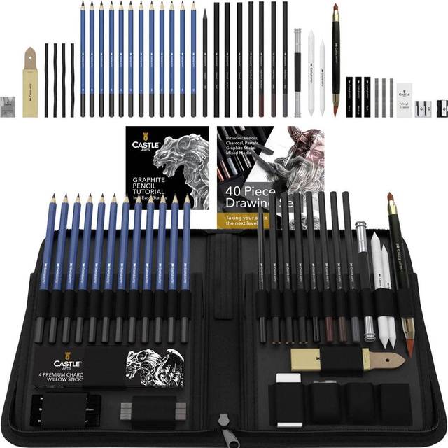 Castle Art Supplies 40 Piece Sketching Pencils and Drawing Set for Adults Artists | Presented in Sturdy Zipper Case with pop-up feature | Quality