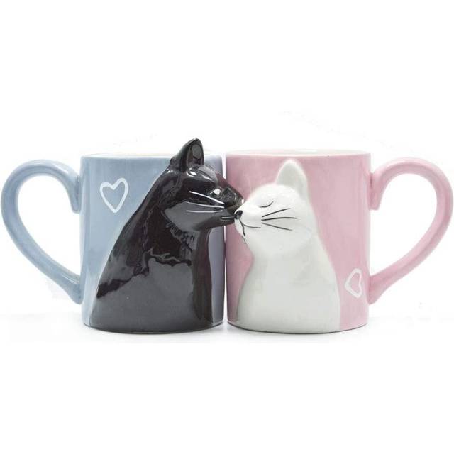 Kiss Cat Coffee Couple Handmade Mug, Funny Tea Ceramic Cup Set for Bride and Groom, Matching Gift for Engagement Wedding and Married Couples Anniversa