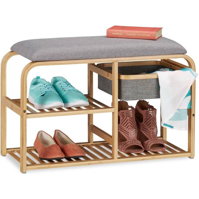 Shoe Bench with Seat, Upholstered, Hallway & Wardrobe, Narrow, Bamboo Footstool, hwd: 45x69x30 cm, Grey/Nature - Relaxdays