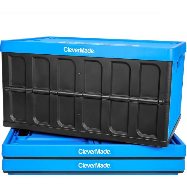 CleverMade 46L Collapsible Storage Bins with Lids  Folding Plastic Stackable Utility Crates, Solid Wall 3 Pack, Neptune Blue