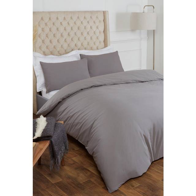Highams Plain 100% Cotton Duvet Cover with Pillow Case Bedding Set, Grey - Super King