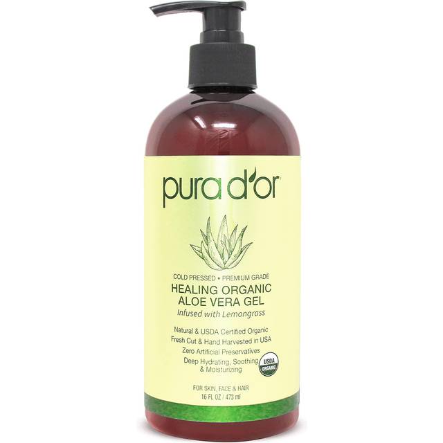 PURA D'OR 16 Oz ORGANIC Aloe Vera Gel  Lemongrass  All Natural  ZERO Artificial Preservatives  Deeply Hydrating & Moisturizing  Sunburn