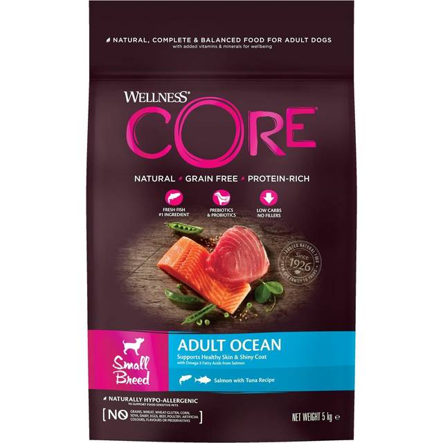 Wellness CORE Small Breed Ocean, lax & tonfisk, 5 kg, torr hundmat för vuxna hundar små raser, utan tillsats av socker, spannmålsfri, med hög kötthalt