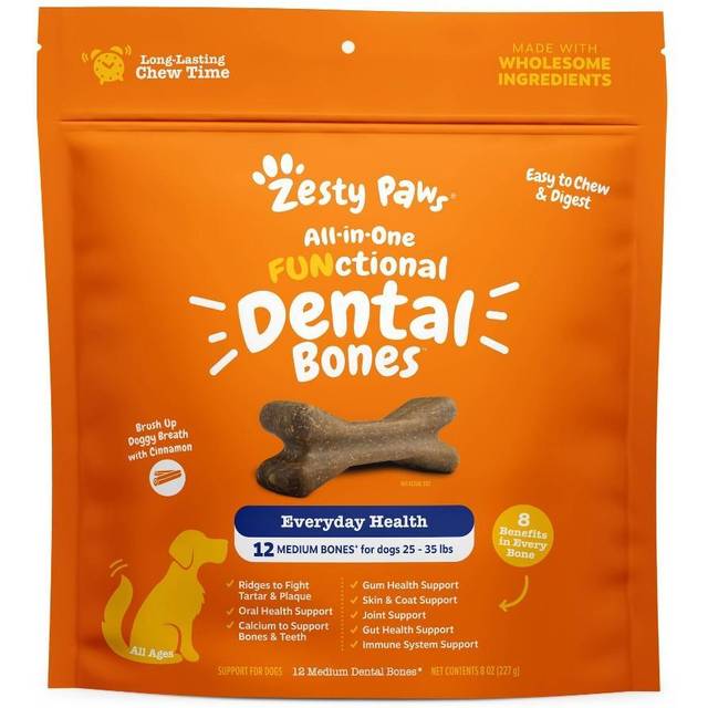 Zesty Paws All-in-One FUNctional Dental Bones Dental Chews for Medium Dogs 12 Medium Bones