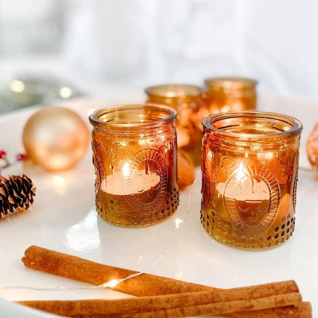 Kate Aspen Vintage Glass Tealight & Votive Candle Fleur-de-lis Tea Light Holders  Set of 4  Amber