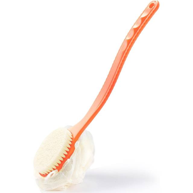 Shower Body Brush with Bristles and Loofah Back Scrubber Bath Mesh Sponge with Curved Long Handle for Skin Exfoliating Bath  Massage Bristles Suitable