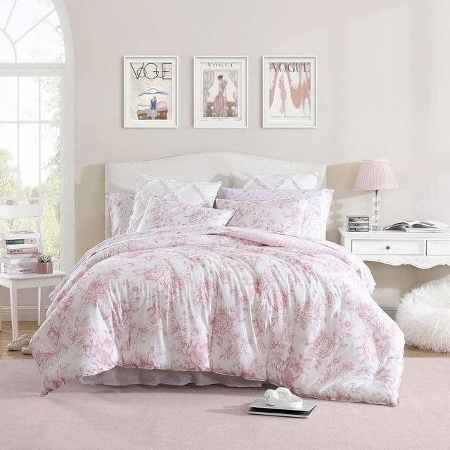 Laura Ashley- Twin XL Comforter Set  Reversible Cotton Bedding with Matching Sham(s)  Farmhouse Home Decor  Dorm Room Essentials (Delphine Pink  Twin
