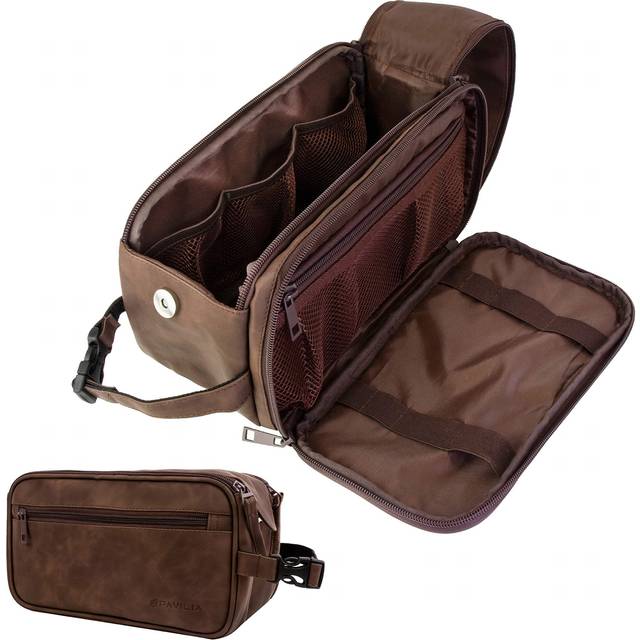 PAVILIA Toiletry Bag for Men  Travel Essentials Shaving Dopp Kit  Mens Travel Bag Toiletries Organizer Case for Grooming  PU Leather Water Resistant C