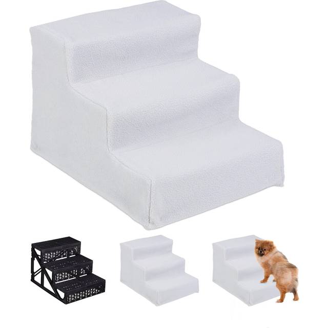 Dog Stairs, 3 Steps, Pets Access Ramp, Climbing Aid Bed, Sofa & Car, Max. 33 kg, 30x35x45 cm, White - Relaxdays