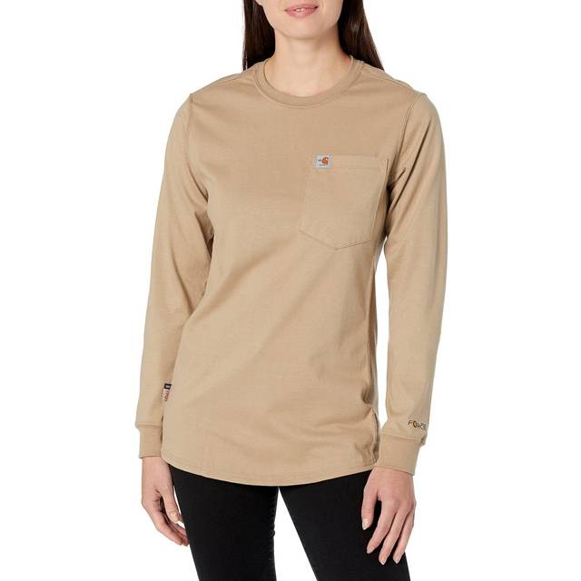 Carhartt Flame Resistant Womens Force Cotton Long Sleeve Crew T Shirt  Khaki  Extra Small