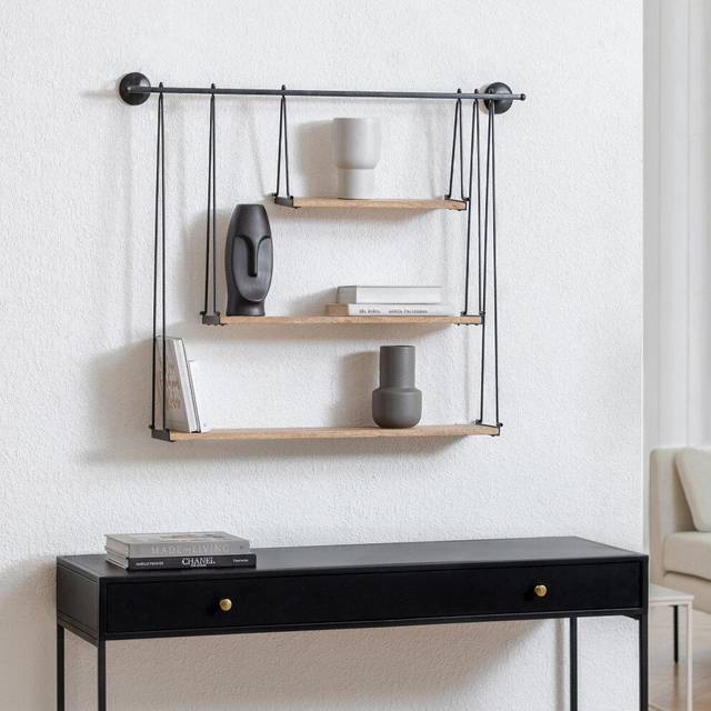 Luna 3 Tier Wall Shelf - Natural and Black - Brown